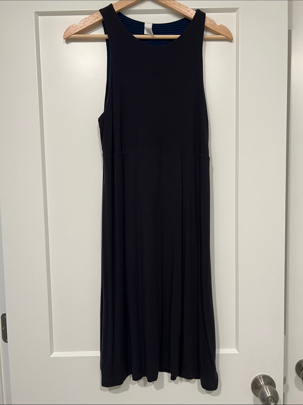 Athleta Reversible Black and Black/Blue Stripe Scoop-Neck Sleeveless Dress